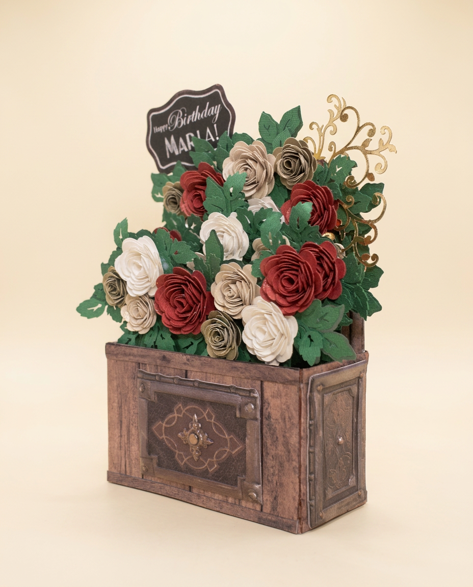 Angled view of the Marla keepsake showing the depth of the hand-rolled crimson and ivory paper roses and gold filigree