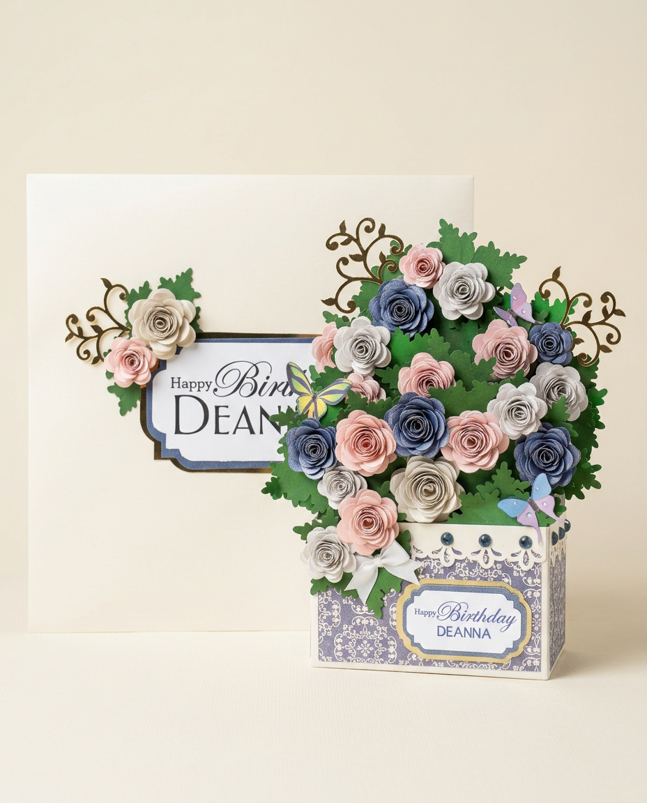 Lavender damask keepsake with blush, navy and pearl paper roses, paper butterflies and a matching 'Happy Birthday Deanna' presentation card