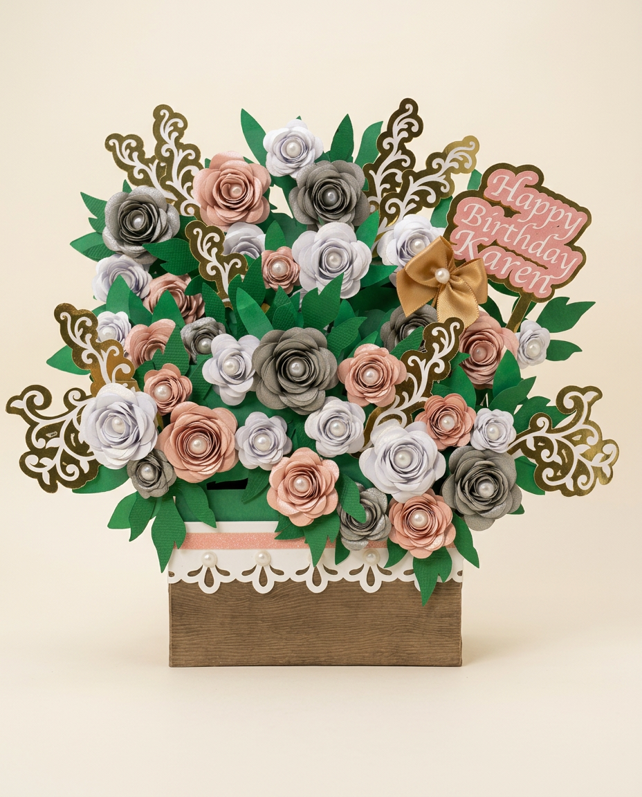 Blush, silver and pearl paper roses in a wood keepsake with white lace trim, gold filigree and a 'Happy Birthday Karen' topper