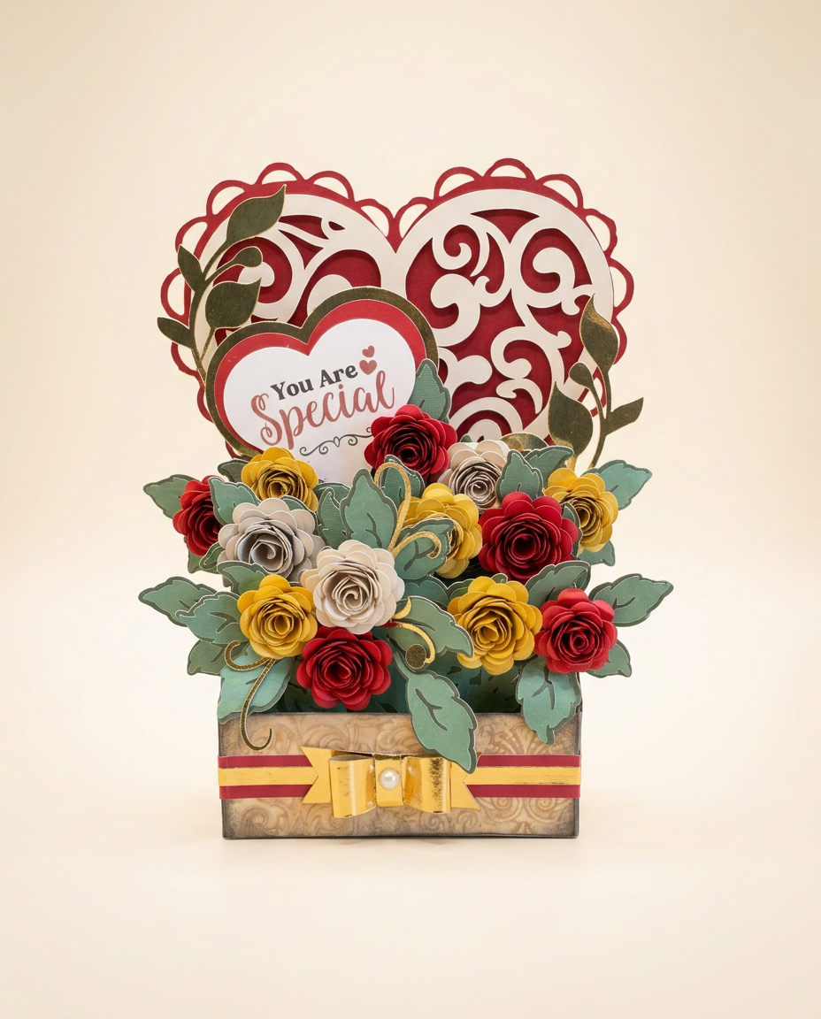 Crimson and ivory filigree heart keepsake with a gold-framed 'You Are Special' plaque above red, gold and cream paper roses