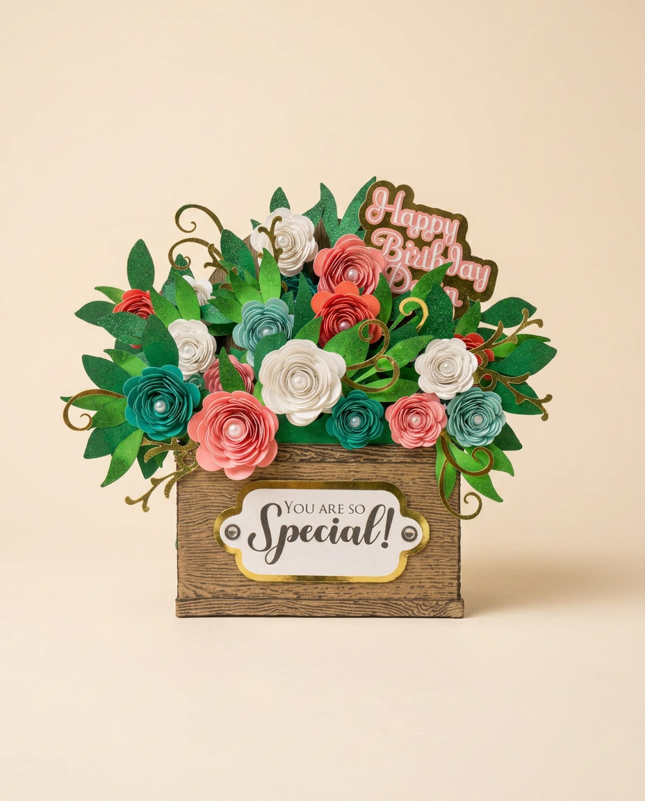 Wood keepsake with coral, teal and ivory paper roses, gold vines and a 'You Are So Special!' plaque