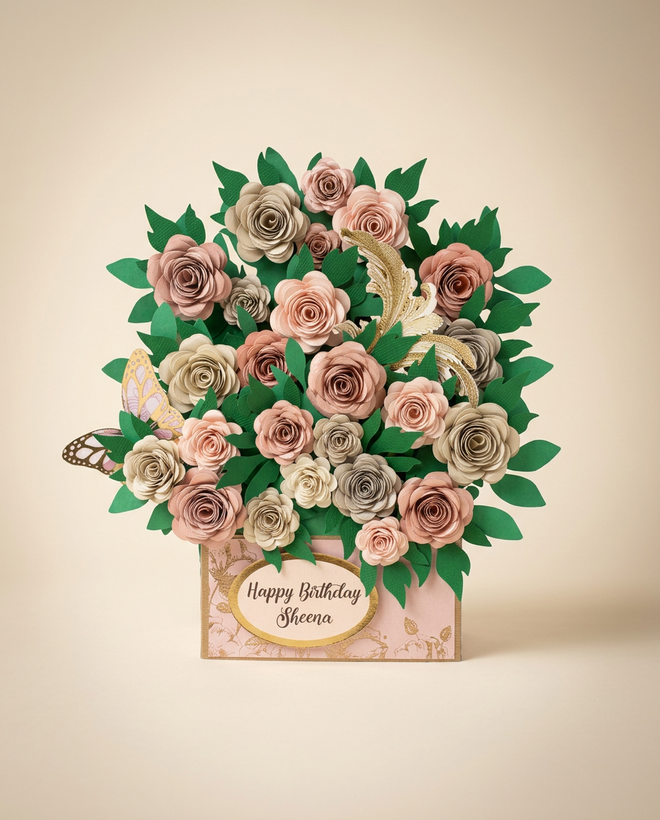 Blush, mauve and ivory paper roses with gold foil accents and a paper butterfly in a rose-patterned keepsake with a 'Happy Birthday Sheena' plaque