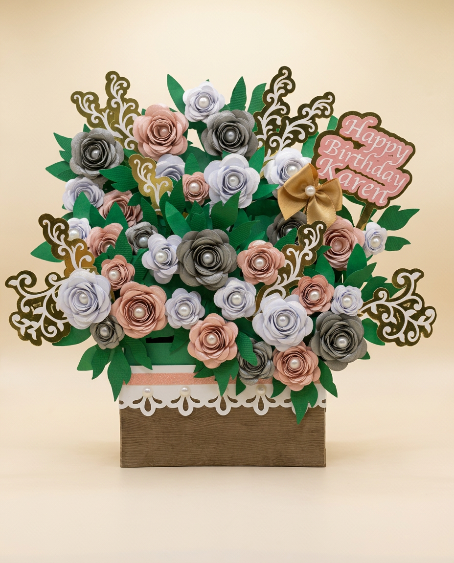 Rustic wood keepsake with blush, silver and pearl-centered paper roses, gold filigree accents and a 'Happy Birthday Karen' plaque