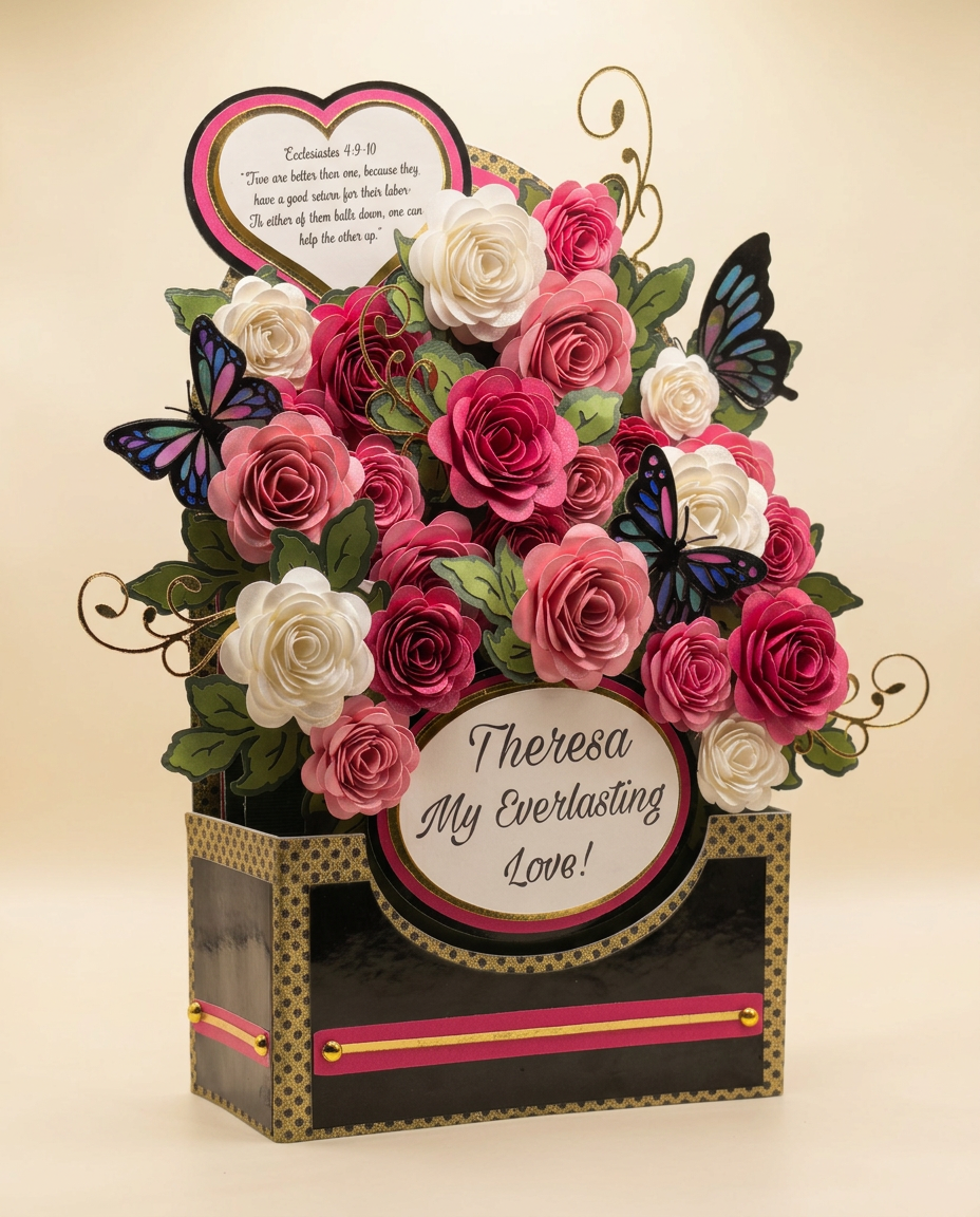 Handcrafted paper roses in pink, blush and ivory with iridescent butterflies and a scripture heart