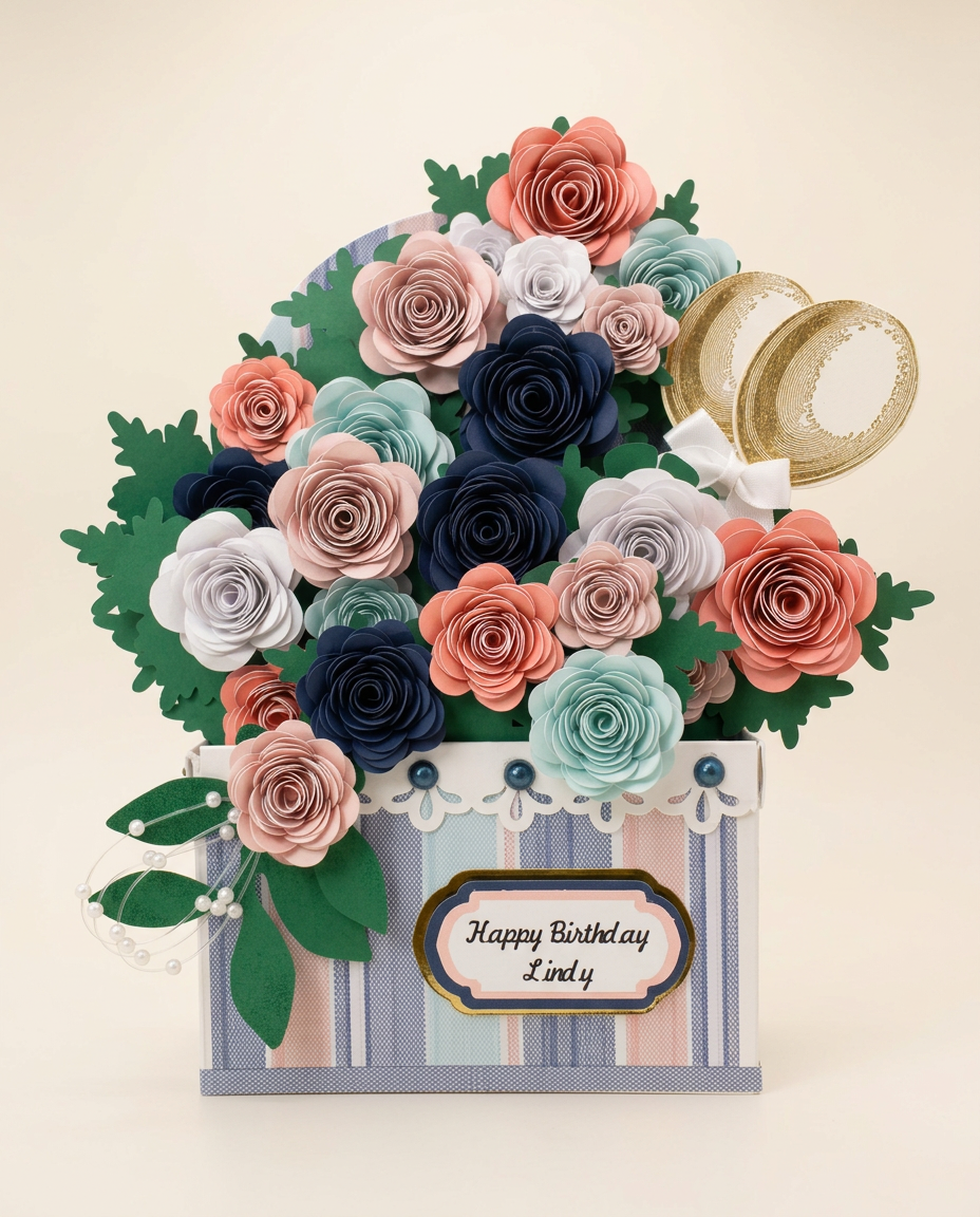 Pastel striped keepsake with coral, navy and mint paper roses, pearl sprays and a 'Happy Birthday Lindy' plaque