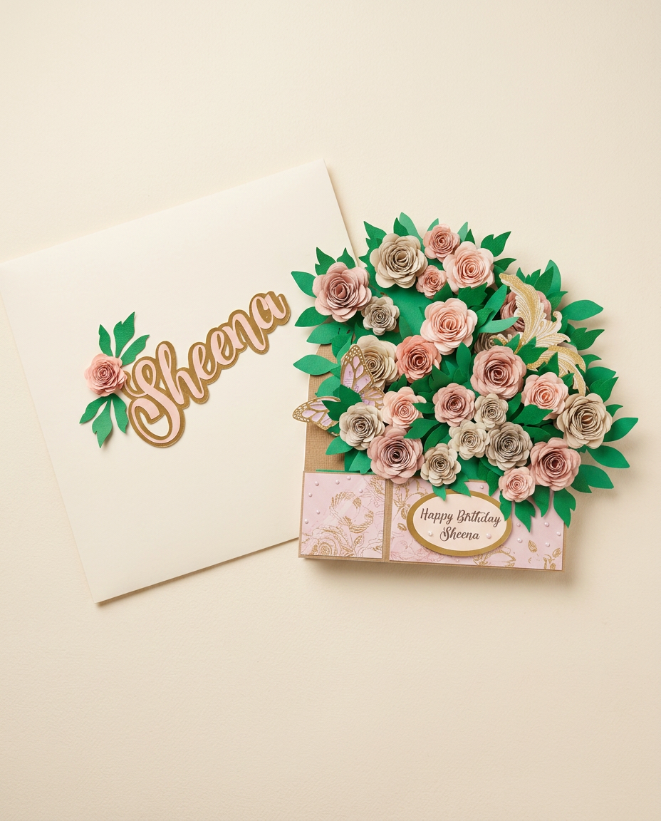 The Sheena floral keepsake shown with its matching ivory presentation card lettered in gold and blush script