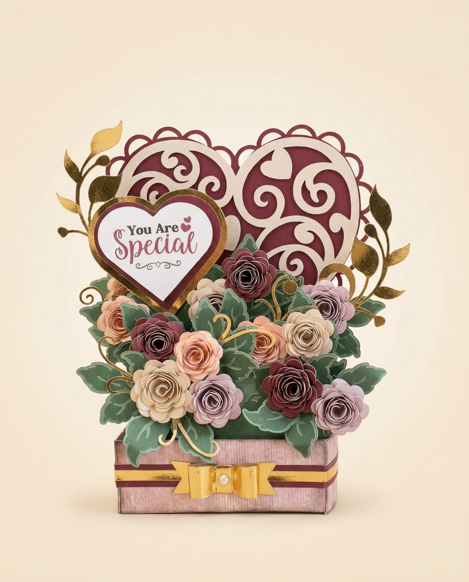 Burgundy and blush 'You Are Special' keepsake with layered scrollwork hearts and mauve, peach and ivory paper roses