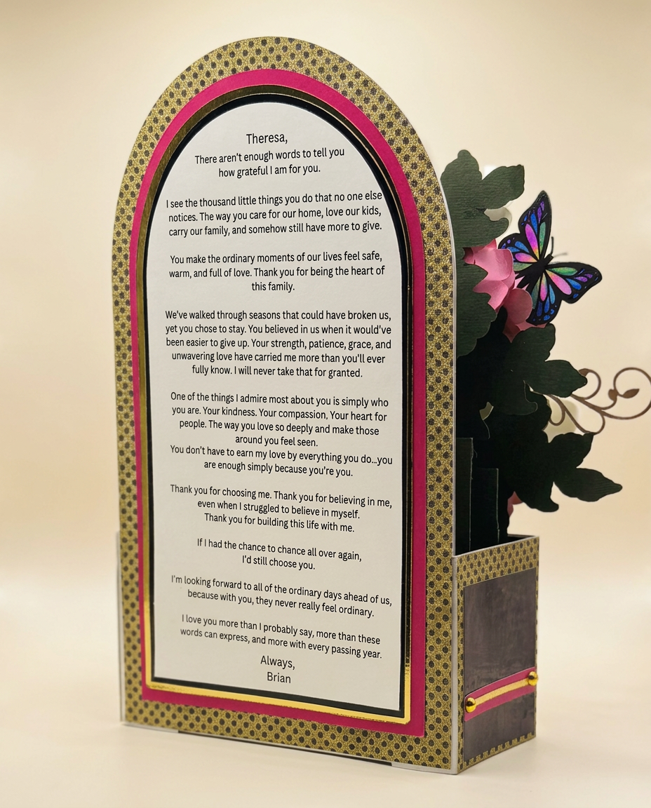 Reverse panel of the keepsake showing a full personalized letter framed in gold and magenta