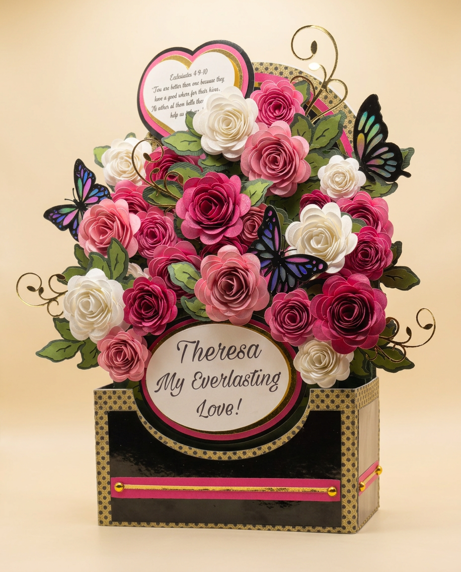 Dimensional paper rose bouquet in a black and gold keepsake box with a personalized 'My Everlasting Love' oval plaque