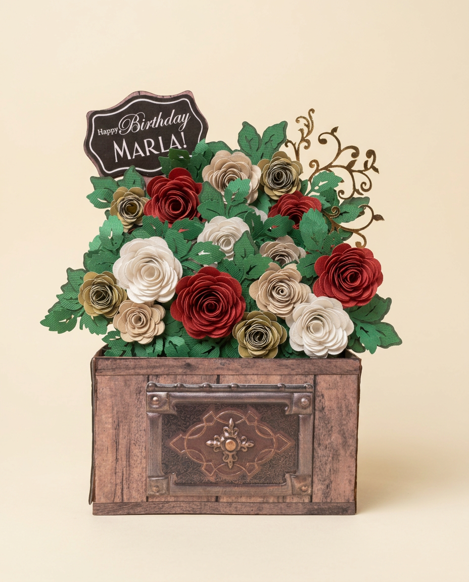 Vintage wood chest keepsake filled with crimson, ivory and sage paper roses with a chalkboard 'Happy Birthday Marla!' topper
