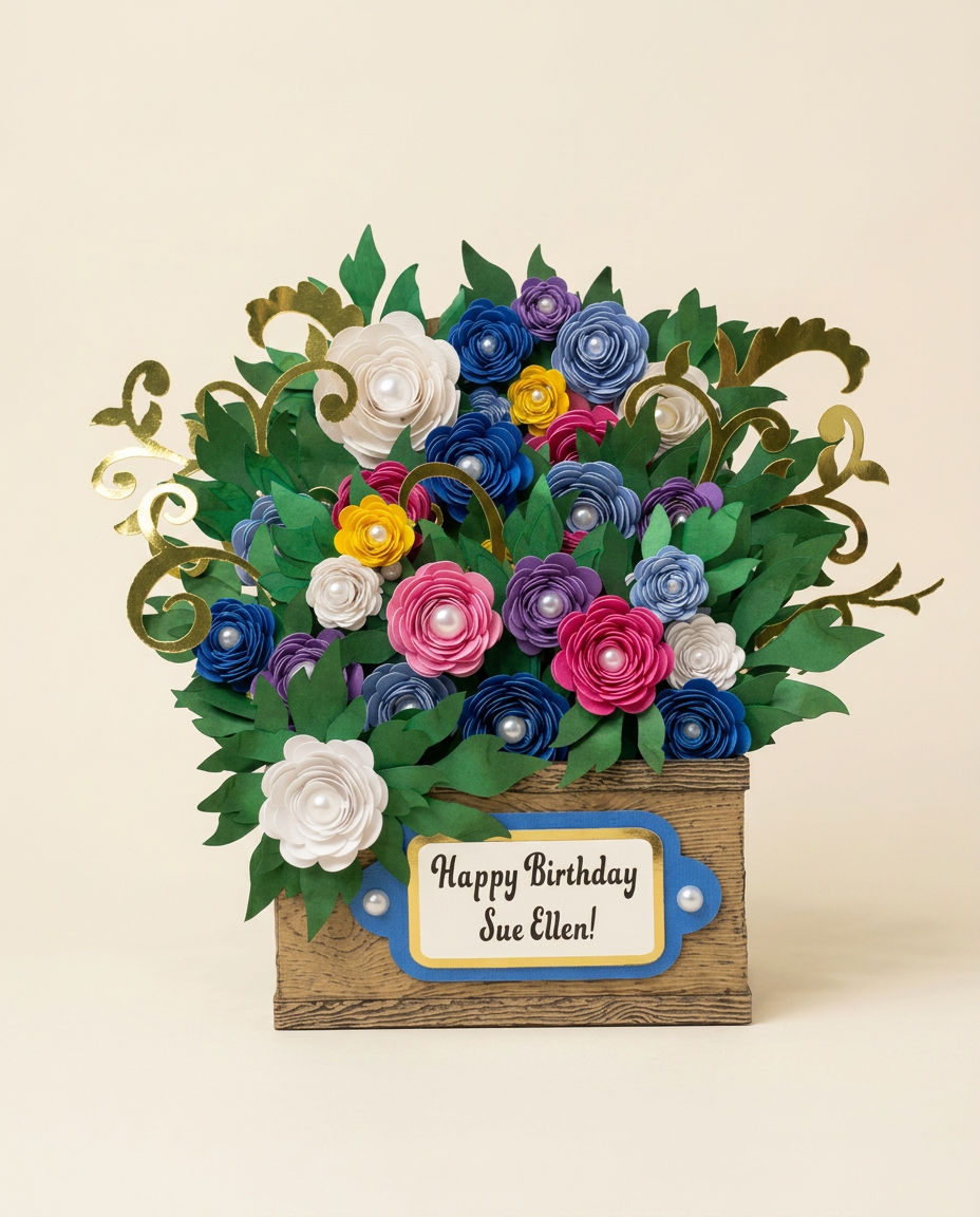 Rustic wood keepsake filled with cobalt, magenta, violet and ivory paper roses with gold filigree and a 'Happy Birthday Sue Ellen!' plaque