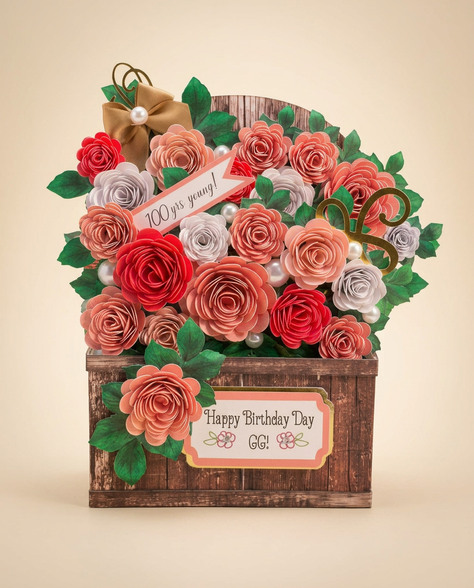 Rustic wooden crate keepsake filled with coral, red and ivory paper roses with a '100 yrs young!' banner and 'Happy Birthday Day GG!' plaque