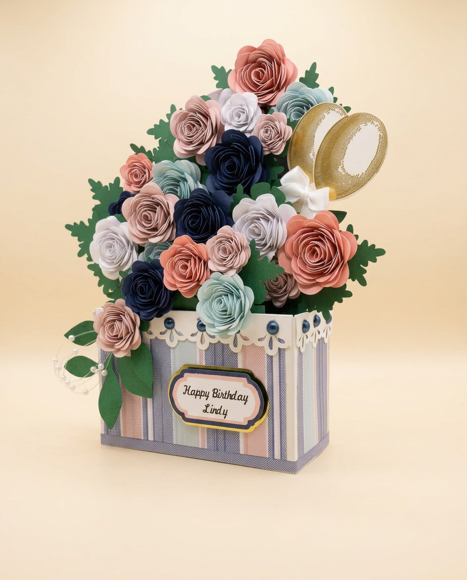 Angled view of the pastel Lindy keepsake showing the depth of the hand-rolled paper roses and gold balloon accents